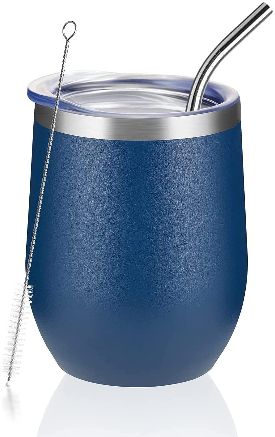 RUNSPORT Stainless Steel Wine Tumbler With Lid and Straws 12 Oz Double Wall Durable Stainless Steel Insulated Wine Glass for Wine, Coffee, Cocktails, Personalized Birthday and Holiday Gifts (Black)
