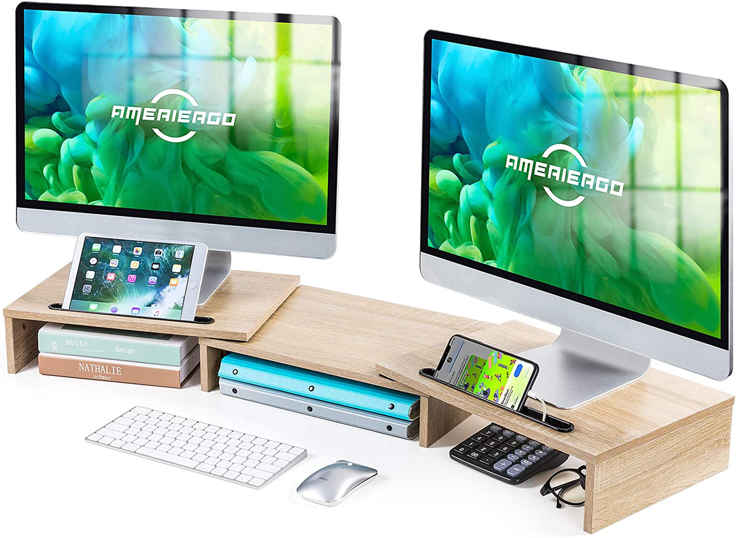 AMERIERGO Dual Monitor Stand Riser- 3 Shelf Screen Stand with Adjustable Length and Angle, 2 Extra Functional Slot Desktop Organizer Stand for PC, Computer, Laptop (Black)