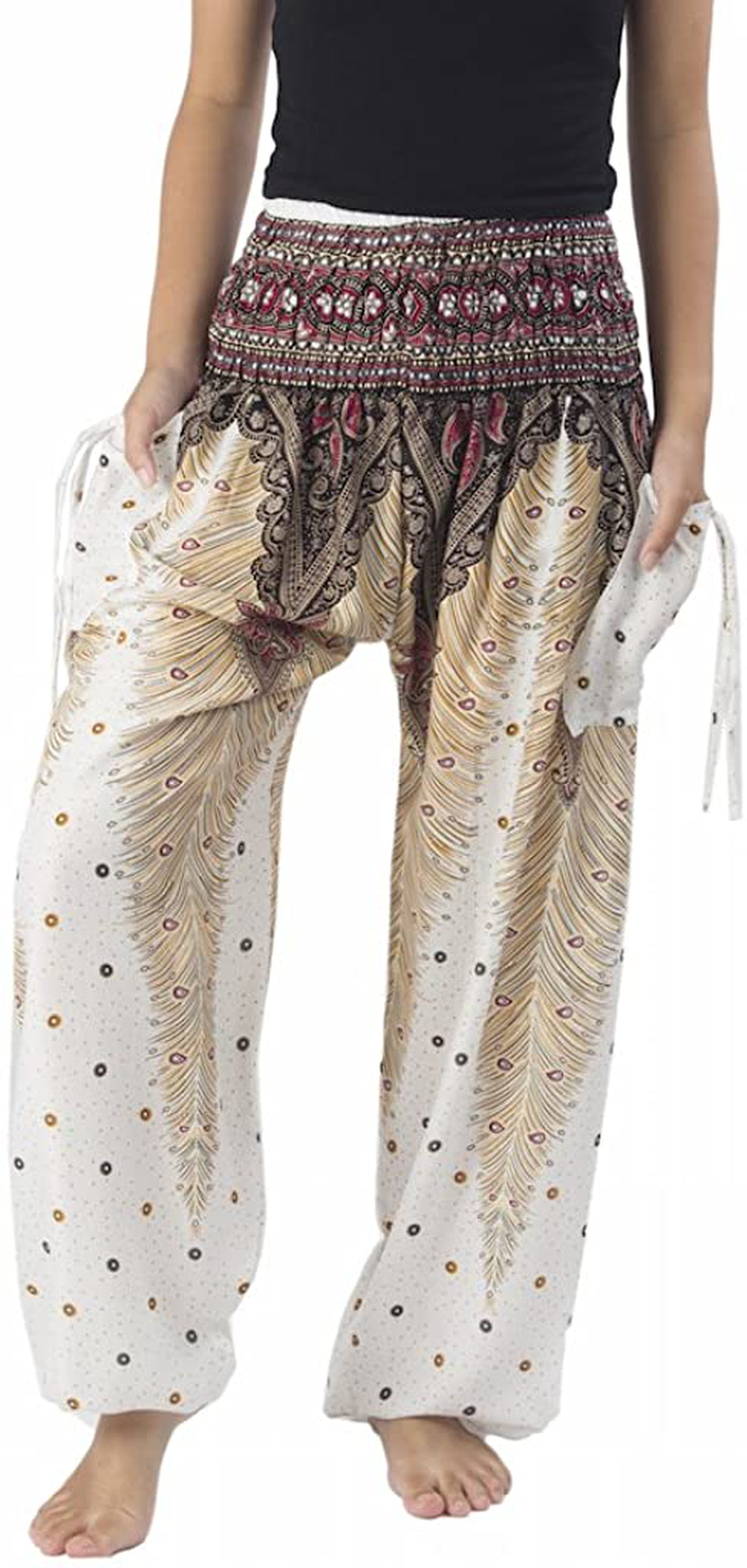 Lannaclothesdesign Women's Smocked Waist Peacock Print Harem Pants Hippie Bohemian Style