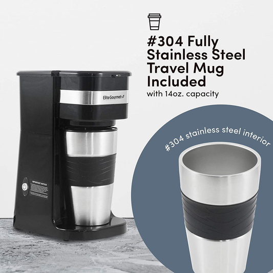 Elite Gourmet EHC111A Maxi-Matic Personal 14oz Single-Serve Compact Coffee Maker Brewer, Includes Stainless Steel Interior Thermal Travel Mug, Compatible with Coffee Grounds, Reusable Filter, Black