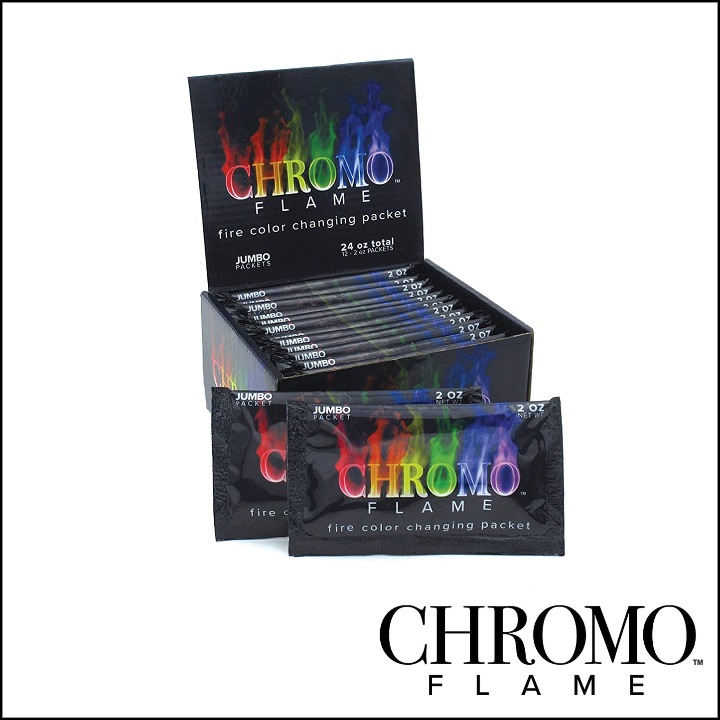 CHROMO FLAME Fire Color Changing Packets for Fire Pit, Campfire, Bonfire, Outdoor Fireplace | Magic, Colorful, Rainbow, Mystic Flames | 4 oz Total, 2-2 oz Jumbo Packets