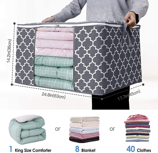 WISELIFE Storage Bags 100L 3-Pack Large Blanket Clothes Organization and Storage Containers for Bedding, Comforters, Foldable Organizer with Reinforced Handle, Clear Window, Sturdy Zippers,Grey