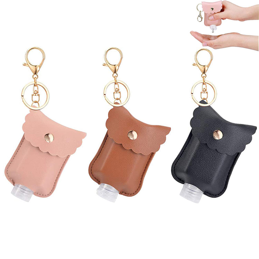 Hand Sanitizer Holder, 3 Pack Mini Hand Sanitizer Bulk Holder, Portable Squeeze Bottles 2oz with Leather Case Keychain