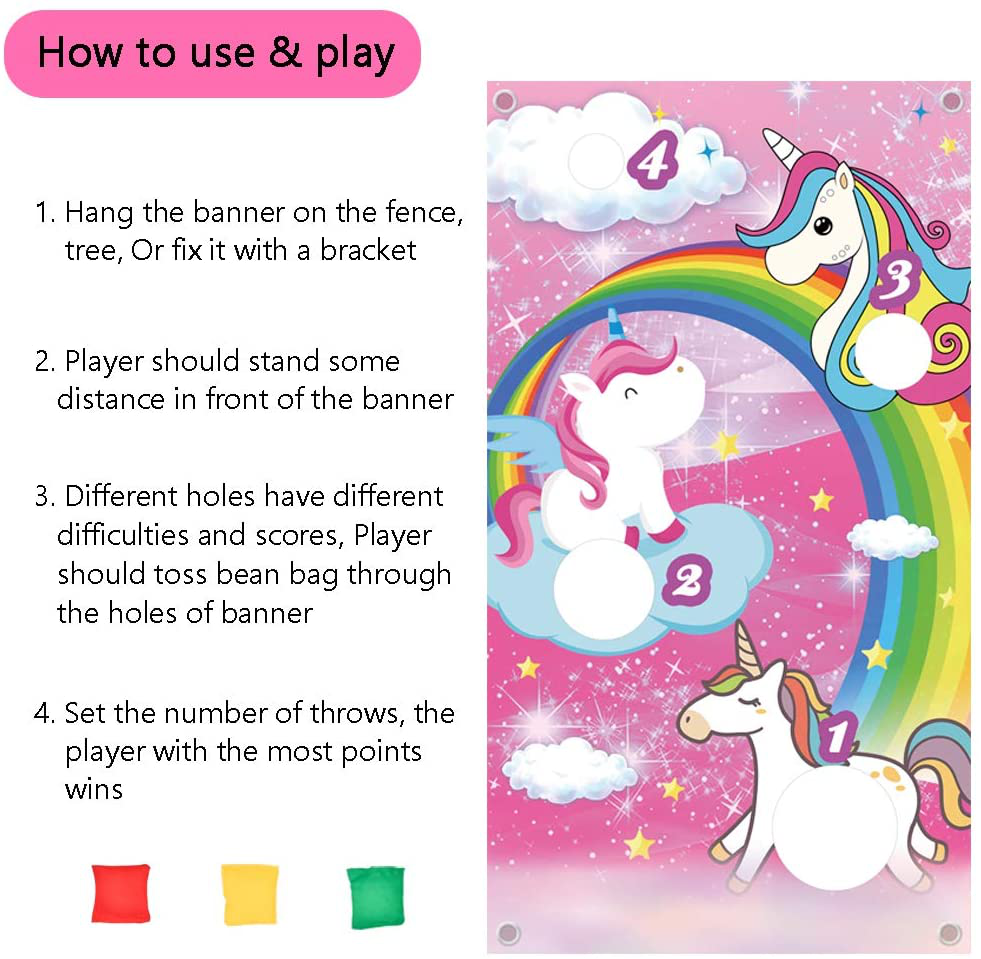 Ushinemi Bean Bag Toss Game for Kids, Unicorn Party Games for Kid Girls, Toss Game Banner with 3 Bean Bags, Indoor Outdoor Lawn Yard Games