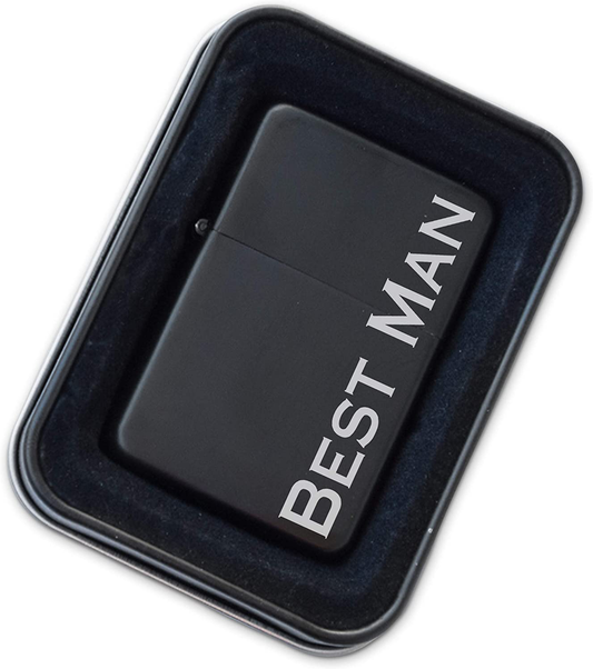 Engraved Matte Black Lighter with Gift Tin - Windproof, Flip-Top, Refillable (Will You Be My Groomsman)