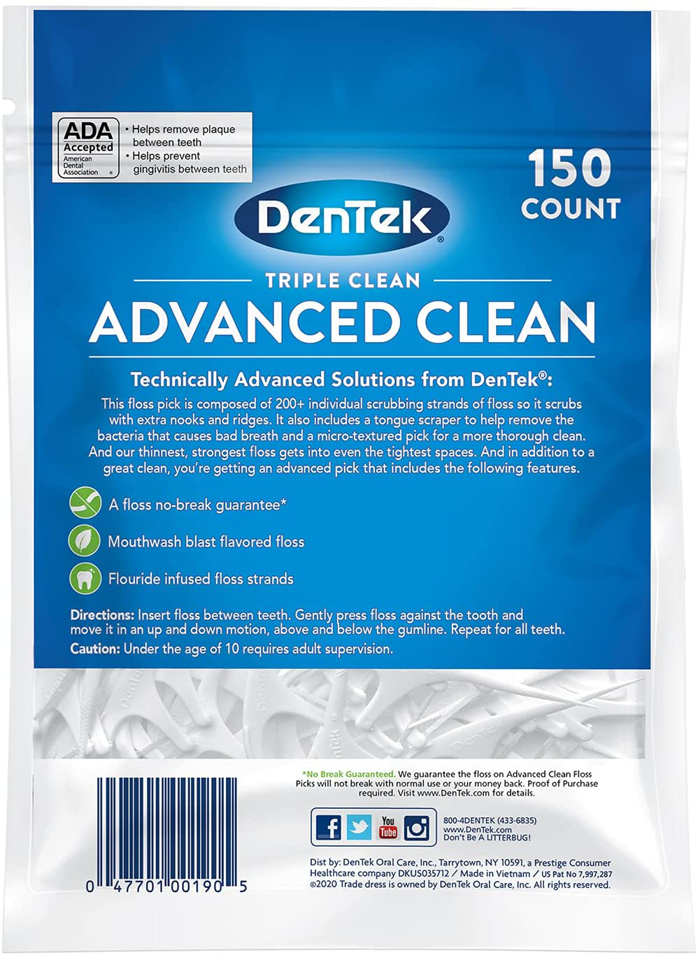 DenTek Triple Clean Advanced Clean Floss Picks, No Break & No Shred Floss, 20 Count, 6 Pack
