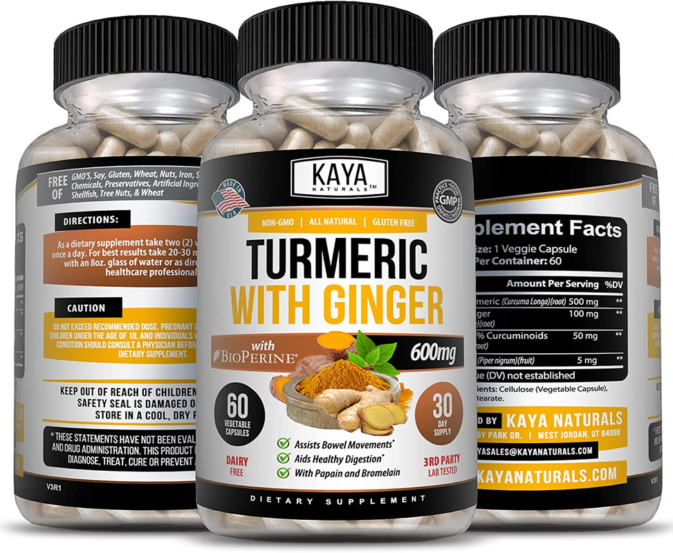 Turmeric Ginger Supplement - Vegan Joint Support with Ginger & Bioperine for High Absorption - 60 Capsule