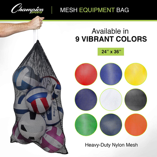 Champion Sports Mesh Sports Equipment Bag, White, 24x36 Inches - Multipurpose, Nylon Drawstring Bag with Lock and ID Tag for Balls, Beach, Laundry, 24" x 36"