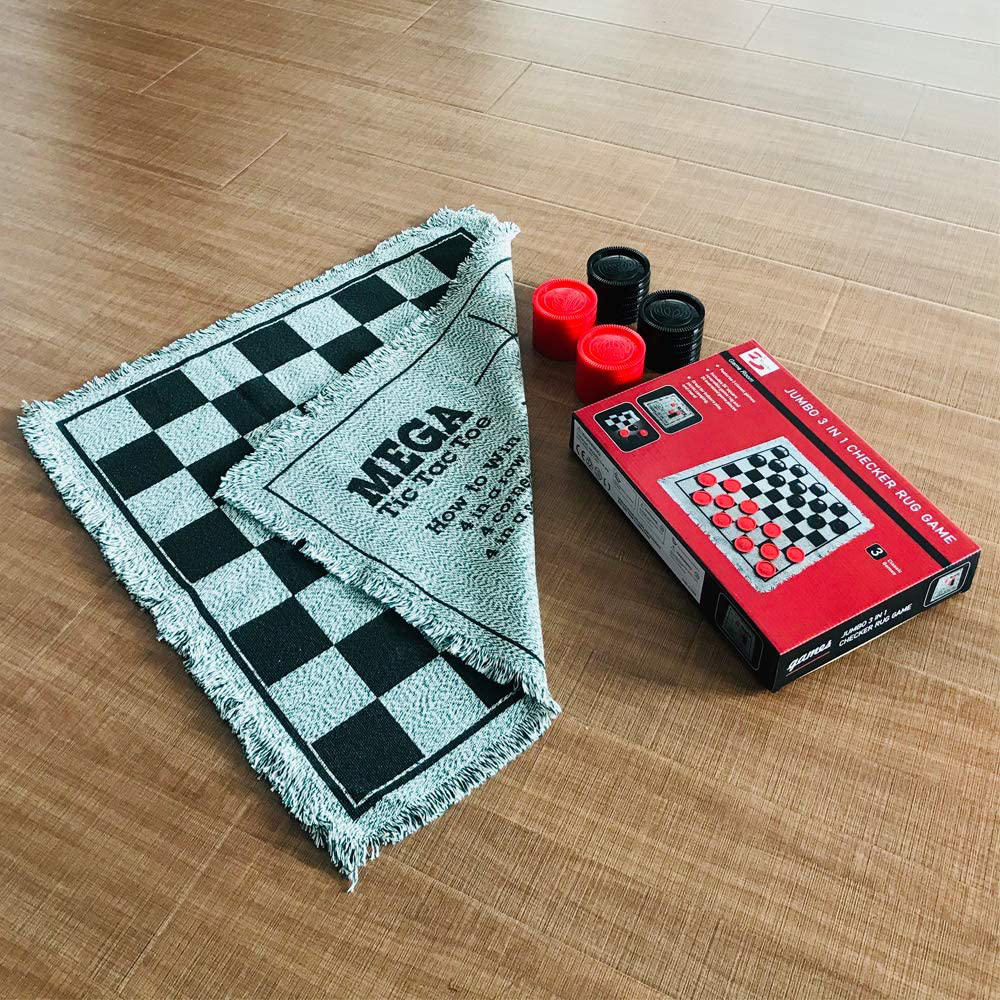 Yuanhe 3 in 1 Giant Checkers Set and Tic Tac Toe Game with Reversible Rug - Indoor and Outdoor Board Game for Family