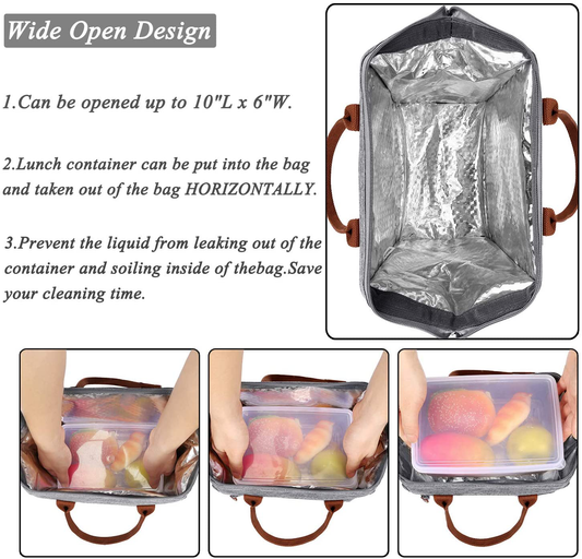 LOKASS Lunch Bag Insulated Lunch Box Wide-Open Lunch Tote Bag Large Drinks Holder Durable Nylon Thermal Snacks Organizer for Women Men Adults College Work Picnic Hiking Beach Fishing,Grey