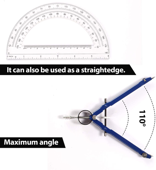 Professional Precision Compass Set, Metal Spring Bow Compass with Protractor, Lock, Pencil Leads & Screw Replacements, for Geometry, Math, Drafting, Drawing & Measuring, School & Office Supplies