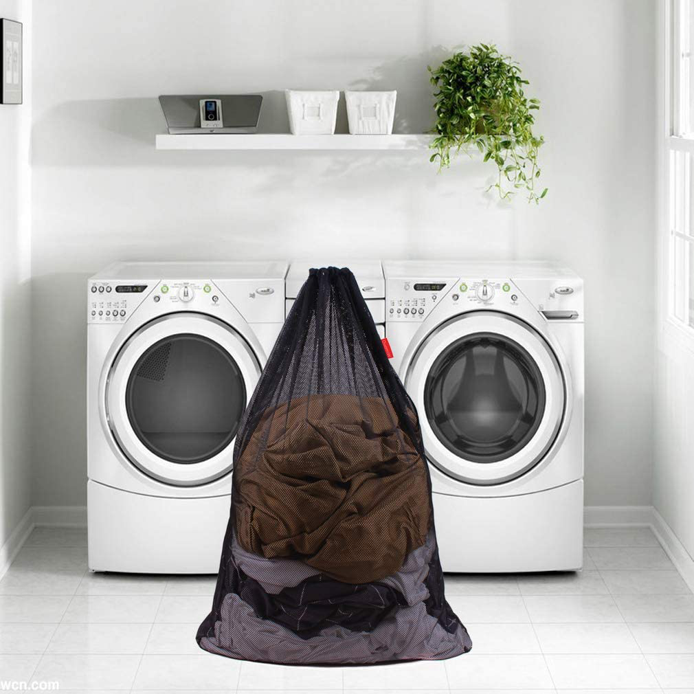DuomiW Mesh Laundry Bag Heavy Duty Drawstring Bag, Factories, College, Dorm, Travel and Apartment Dwellers, 24 x 36 Inches, 2 Pack, Black