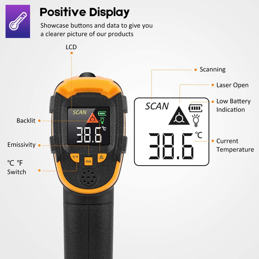 Infrared Thermometer No Touch Digital Laser Temperature Gun with Color Display -58℉~1112℉(-50℃~600℃)Adjustable Emissivity - for Cooking/BBQ/Freezer - Meat Thermometer Included -Non Body Thermometer
