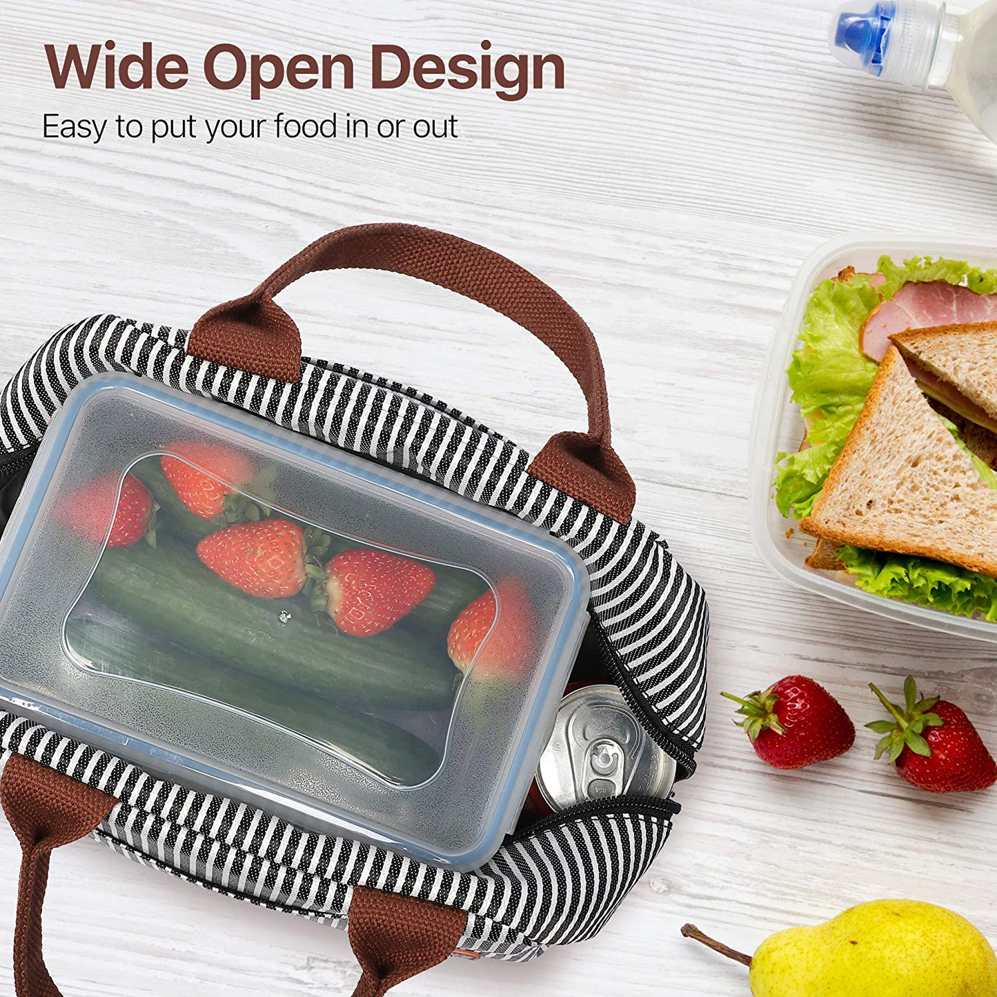 Lunch Bag, Bagseri Insulated Lunch Bags for Women and Men, with Transparent Phone Holder Pocket, Reusable Lunch Cooler Box Thermal Organizer, Water-resistant Lining (Black White Stripe)