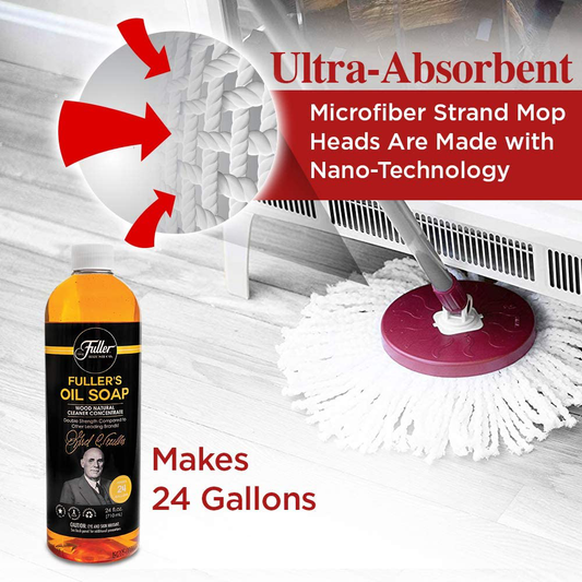 Fuller Brush Spin Mop Bucket System - Easy Wring, 360° Spin - Streak Free Floor Cleaning - 2 Microfiber Mop Heads – Plus Fuller’s Double Strength Oil Soap