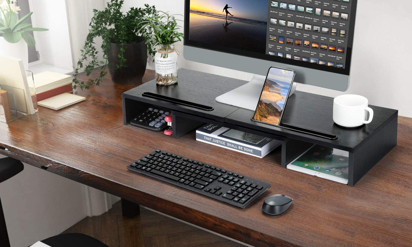 LORYERGO Dual Monitor Stand - Monitor Stand Riser, Adjustable Computer Stand, w/Slot for Tablet & Cellphone,Screen Stand w/Big Storage, Double Monitor Riser for PC, Computer, Laptop