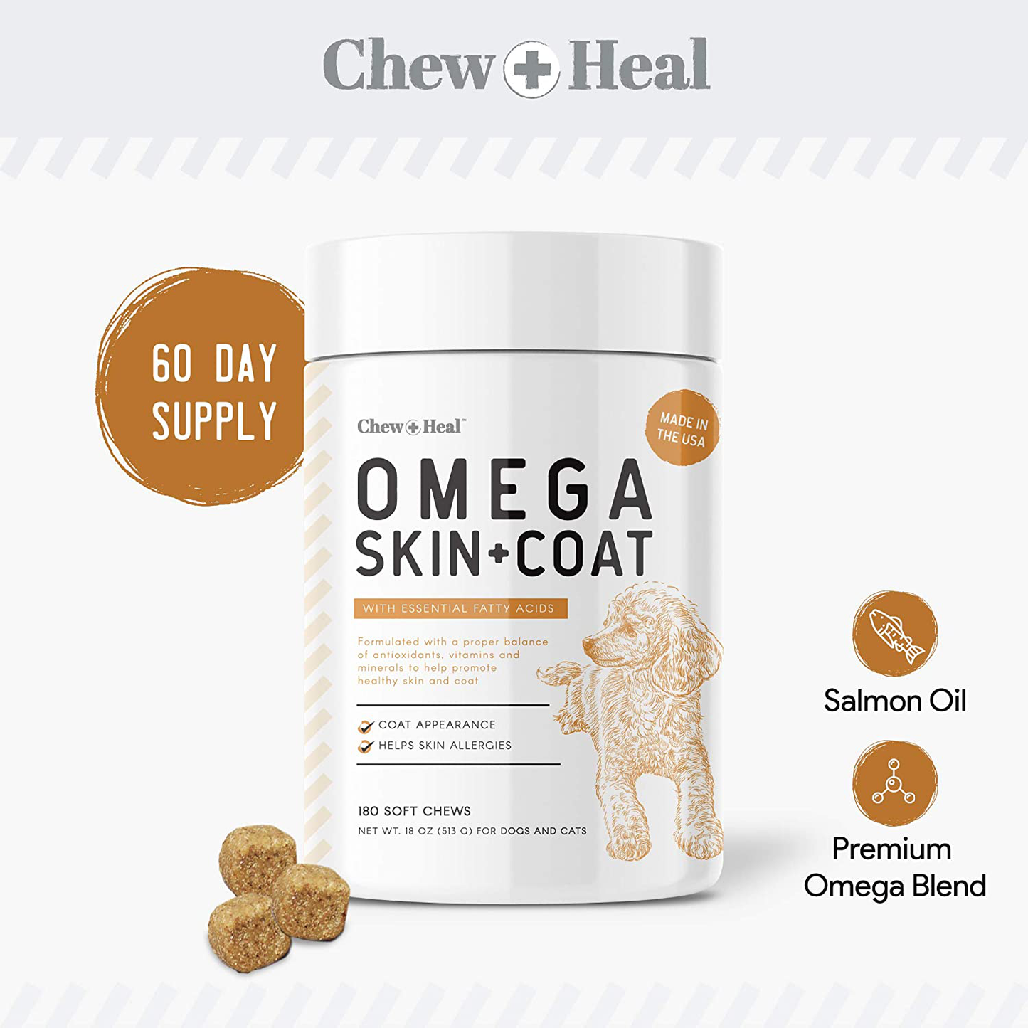 180 Soft Chew Omega Treats for Skin and Coat - Fish Oil Blend of Essential Fatty Acids, Omega 3, 6, and 9, Vitamins, Antioxidants and Minerals