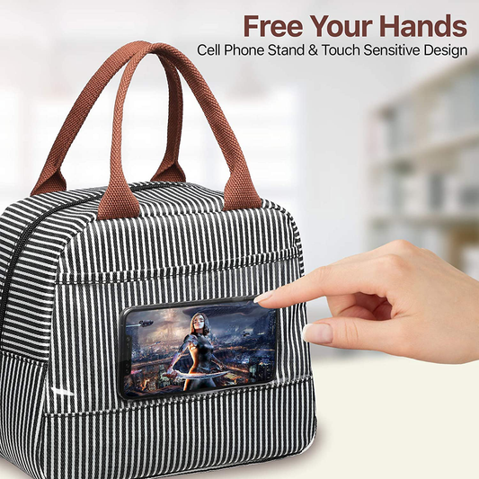 Lunch Bag, Bagseri Insulated Lunch Bags for Women and Men, with Transparent Phone Holder Pocket, Reusable Lunch Cooler Box Thermal Organizer, Water-resistant Lining (Black White Stripe)
