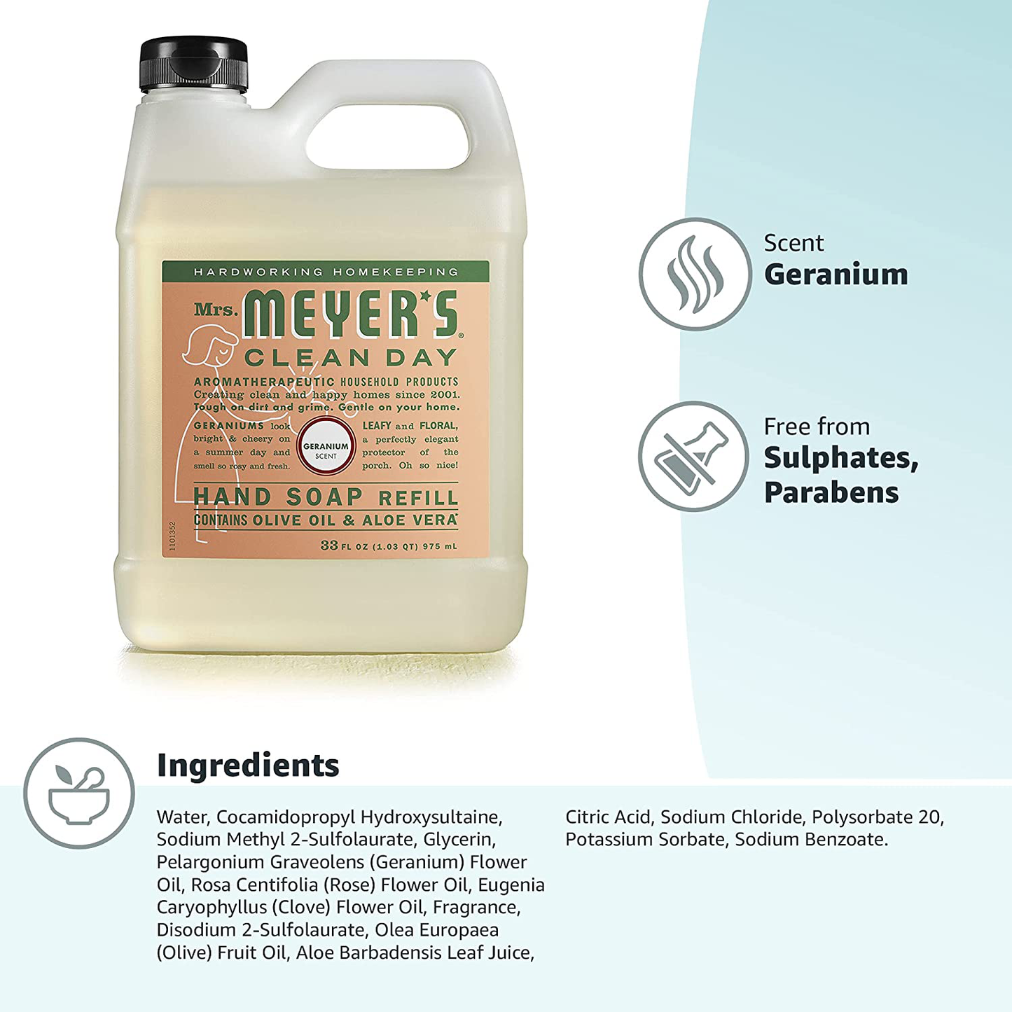 Mrs. Meyer's Clean Day Liquid Hand Soap, Cruelty Free and Biodegradable Hand Wash Made with Essential Oils, Geranium Scent, 12.5 oz - Pack of 3