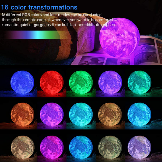 Kids Rechargeable 16 Color 3D LED Moon Lamp With Wood Stand