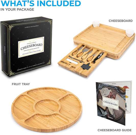 SMIRLY Bamboo Cheese Board and Knife Set: Large Charcuterie Board Set - Wine Meat Cheese Platter - Unique Housewarming Gift for Women, Wedding & Anniversary Gift for Couple, Bridal Shower Gift for Her