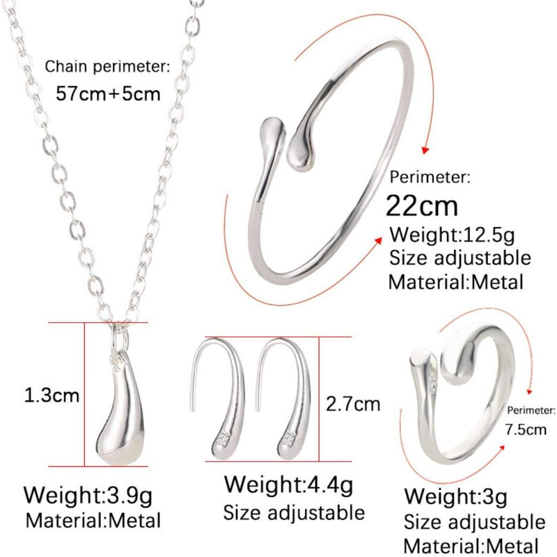4 Piece Silver Jewelry Set - Teardrop Pendant Necklace, Earrings & Bracelet