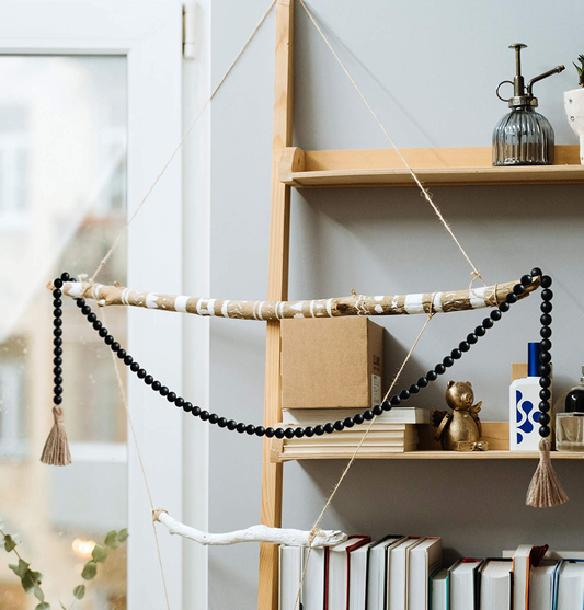 58in Wood Bead Garland with Tassels,Farmhouse Beads Rustic Country Decor Prayer Boho Beads Wall Hanging Decoration (Black)