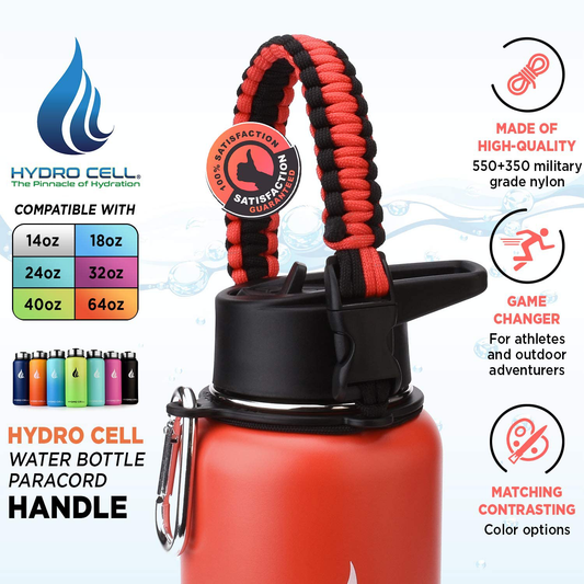 Wide Mouth Paracord Handle - Strap Carrier with Safety Ring and Carabiner - Compatible with 18, 24, 32, 40, and 64 oz Stainless Steel Water Bottles
