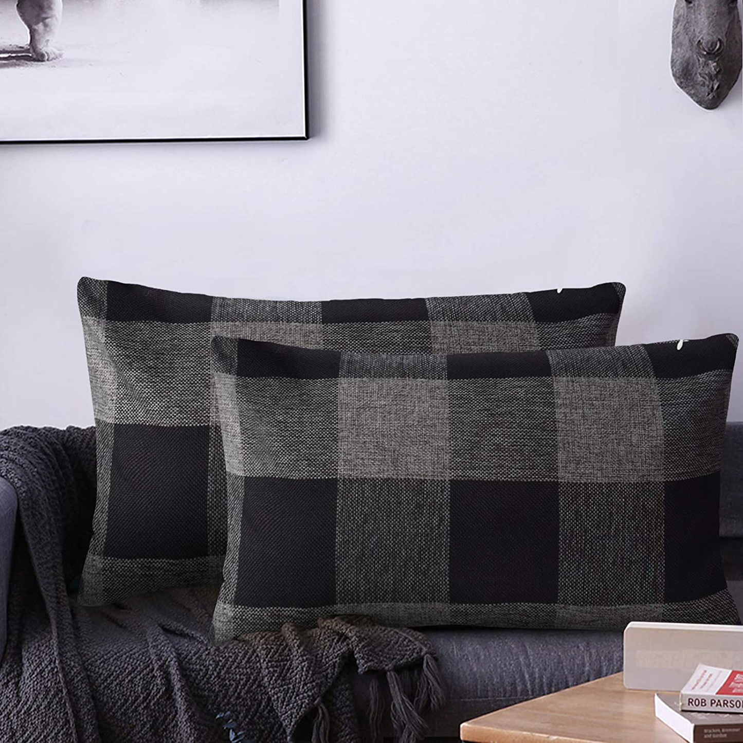Set of 2 Lumbar Throw Pillow Covers Farmhouse Classic Retro Checkers Plaids Cotton Linen Decorative Square Pillowcase Cushion Cover for Sofa Bedroom Car