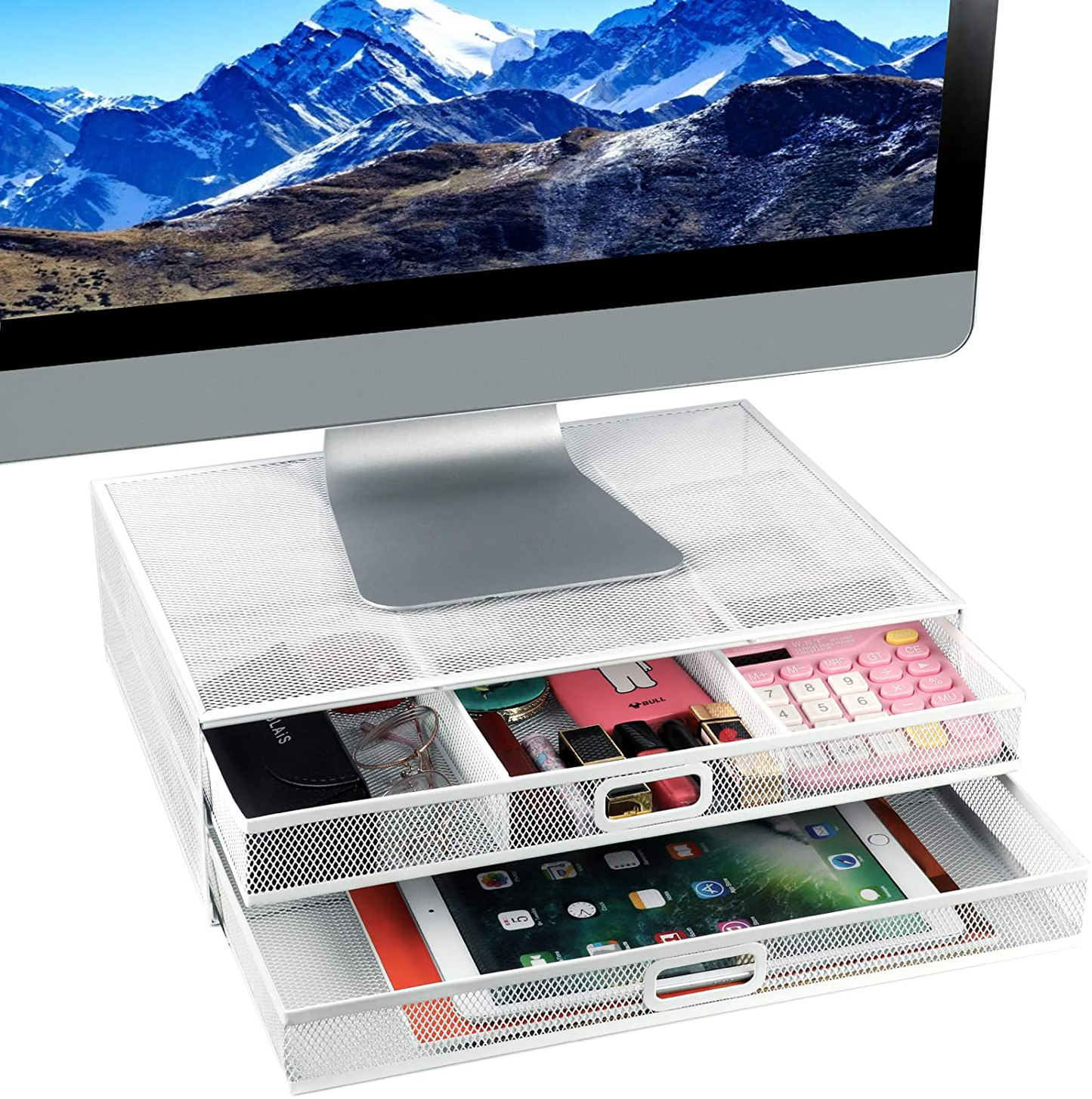 Monitor Stand Riser with Drawer - Mesh Metal Desk Organizer PC, Laptop, Notebook, Printer Holder with Pull Out Storage Drawer by HUANUO