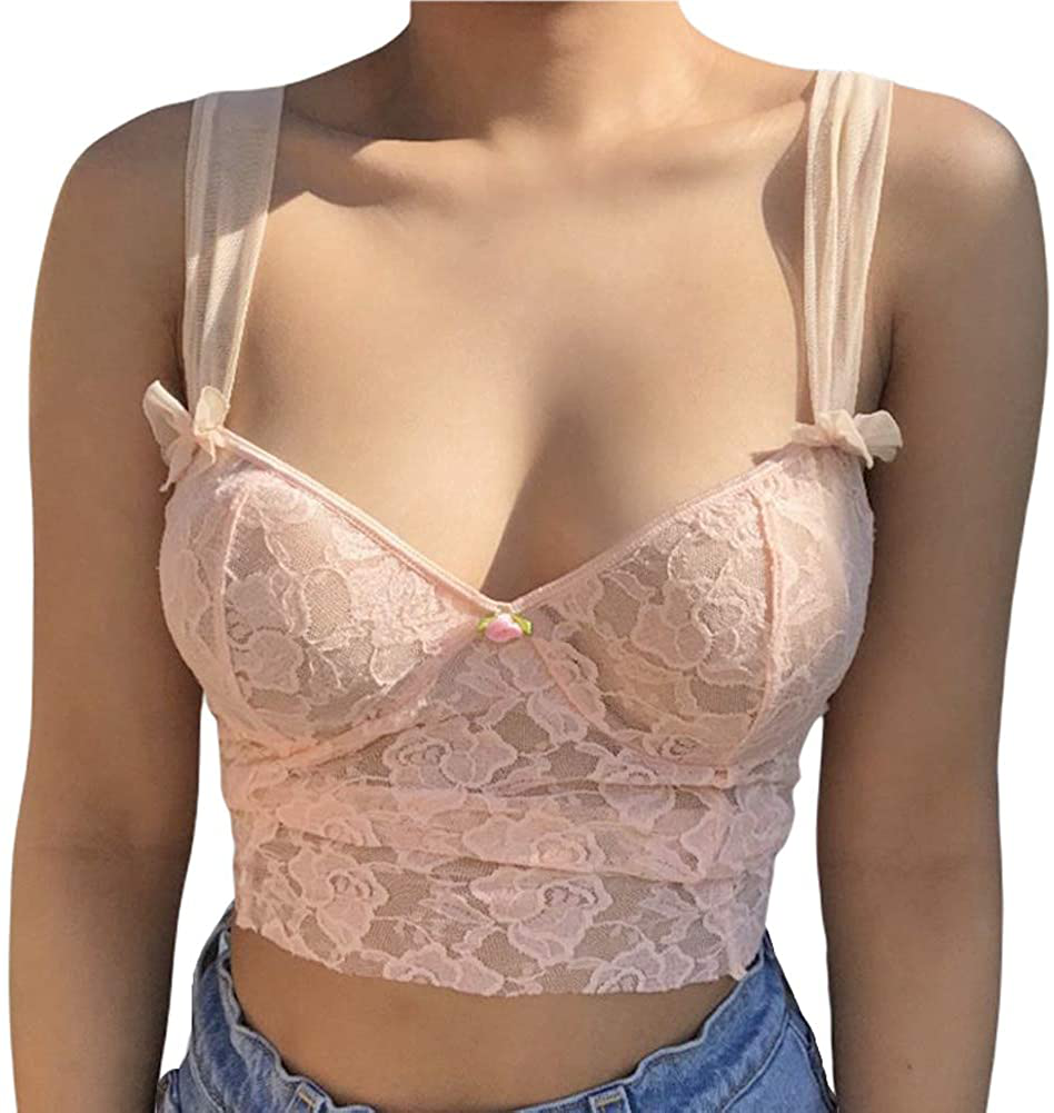 Women Y2K Cropped Tank Tops Sexy V Neck Spaghetti Strap Crop Top Lace Cami Shirt Sleeveless Patchwork Camisole