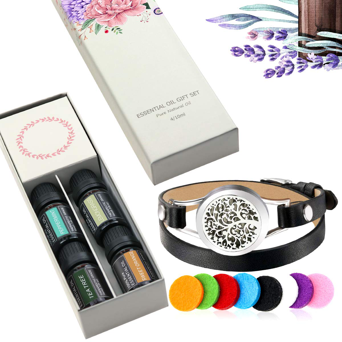 Aromatherapy Essential Oil Diffuser Bracelet Gift Set w/Rosemary, Lavender, Bergamot, Eucalyptus, 10ML/pcs, Unique Gift Ideas for Women, Girls, Friend, Mom at Anniversaries, Birthday and Christmas