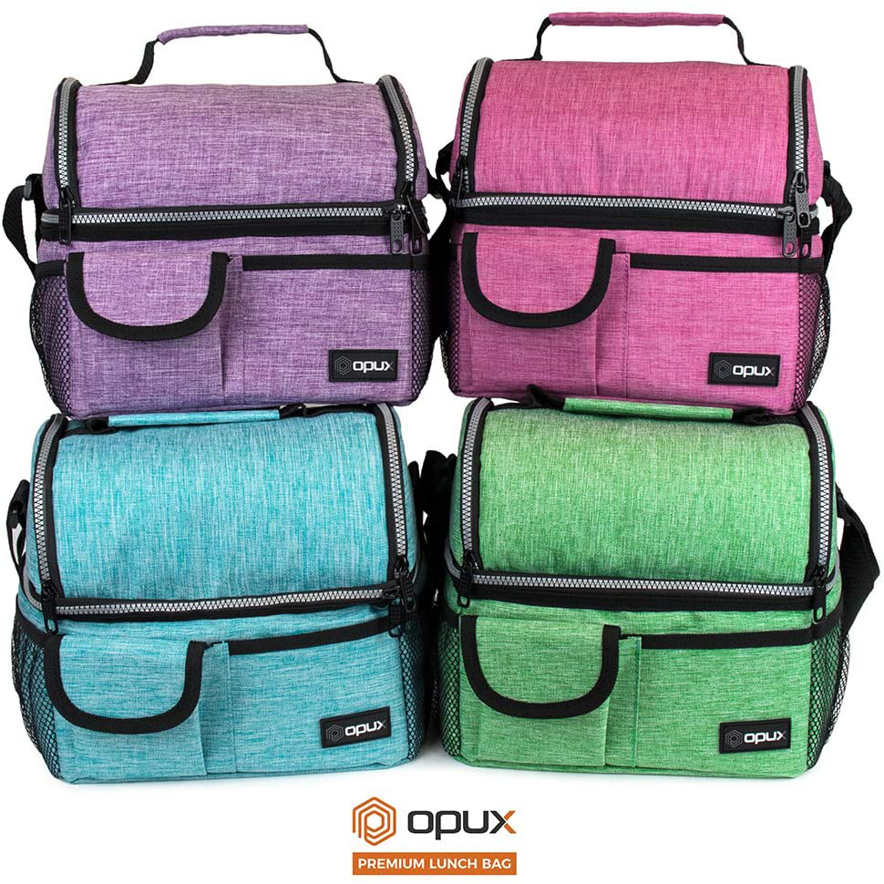 OPUX Insulated Dual Compartment Lunch Bag for Men, Women | Double Deck Reusable Lunch Pail Cooler Bag with Shoulder Strap, Soft Leakproof Liner | Large Lunch Box Tote for Work, School (Charcoal)