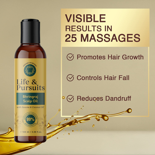 Life & Pursuits Organic Hair Growth Oil (3.38 fl oz) - Ayurvedic Scalp Therapy Oil for Healthy Hair, Goodness of Bhringraj, Amla, Coconut, Sesame, Almond, Onion, & Castor Oil