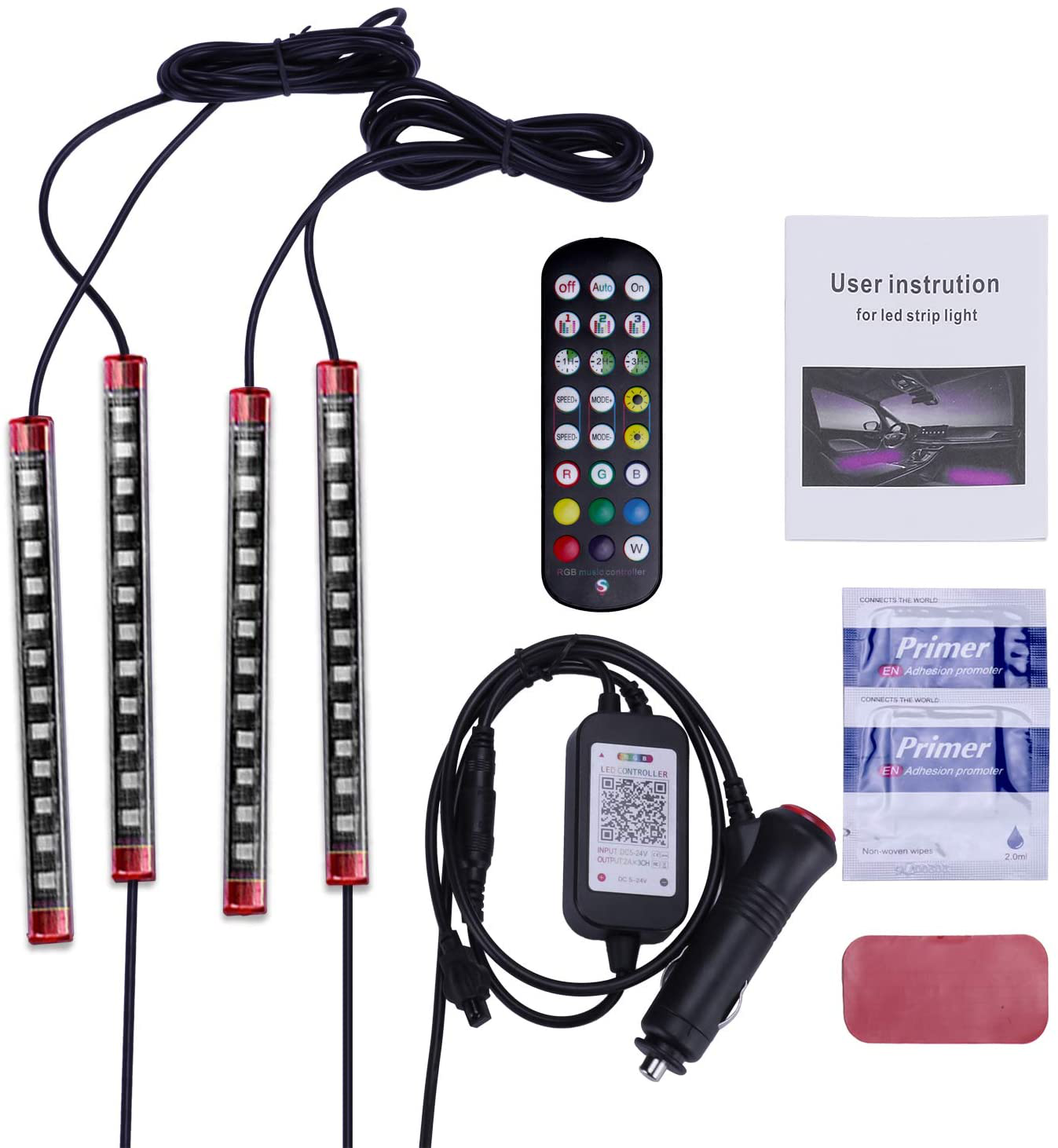 LivTee 12V Interior Car Lights, Newest Two-Line Design 4pcs 48 LED Multi DIY Color Music Under Dash Car Lighting Waterproof Kits with Wireless Remote & APP Control, Car Charger Included