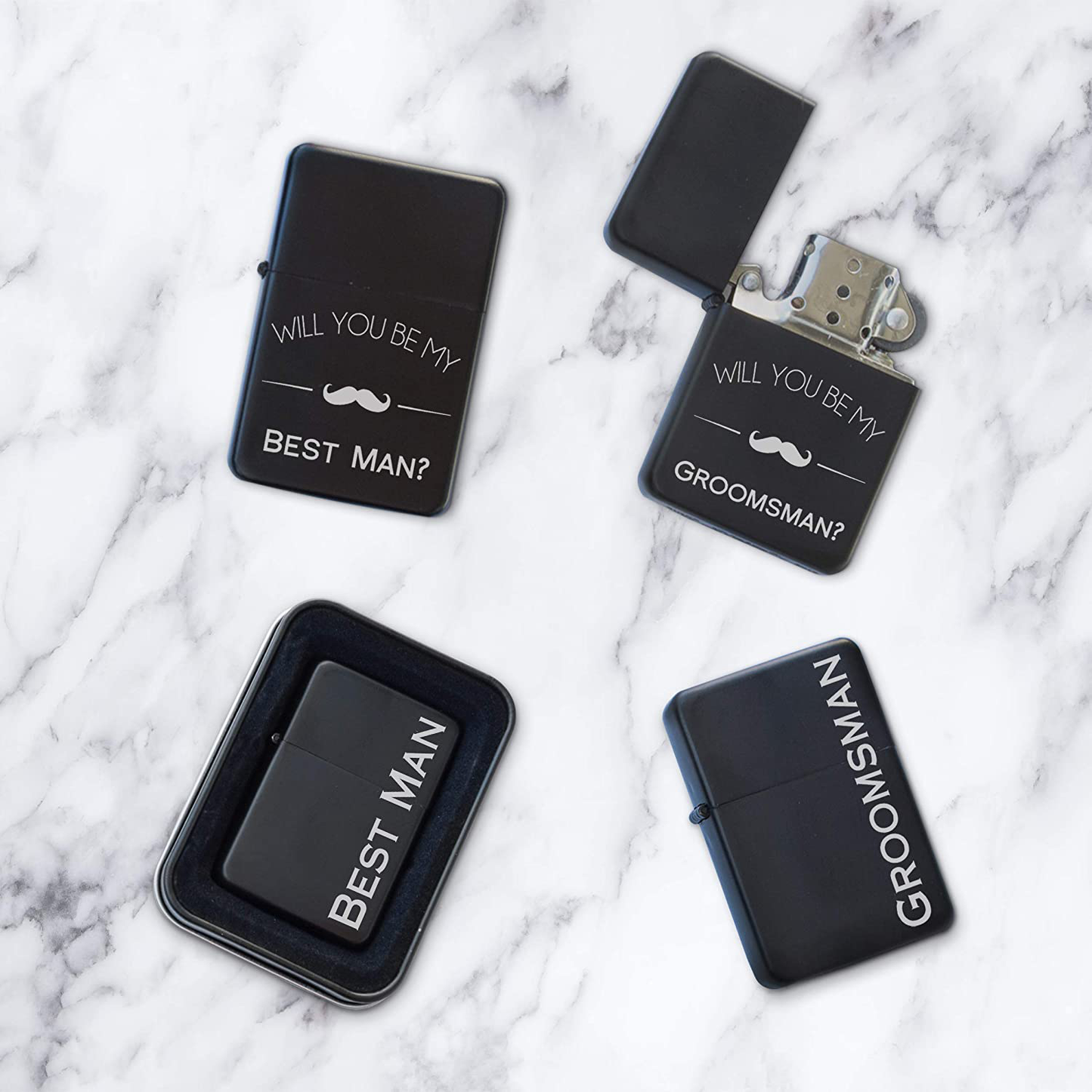Engraved Matte Black Lighter with Gift Tin - Windproof, Flip-Top, Refillable (Will You Be My Best Man)