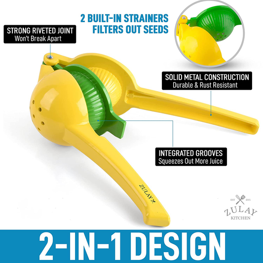 Zulay Metal 2-In-1 Lemon Lime Squeezer - Hand Juicer Lemon Squeezer - Max Extraction Manual Citrus Juicer