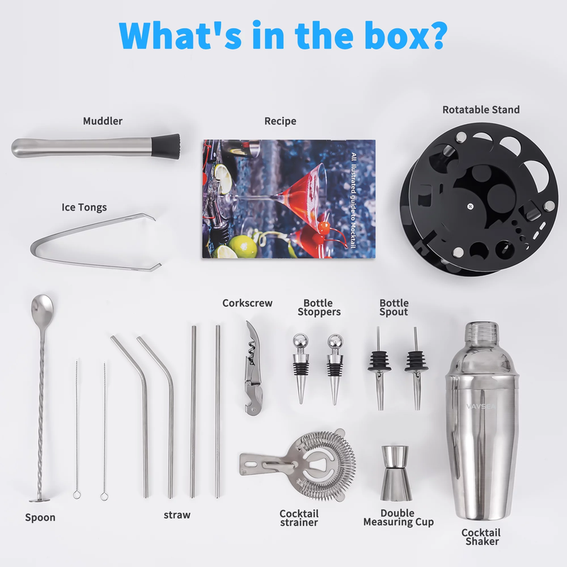 19 Piece Cocktail Shaker Set with Rotatable Stand, Mixology Bartender Kit