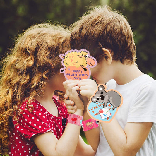 Mibor Valentines Day Cards for Kids - 30 Slap Bracelets + 30 Valentines Cards for Kids Class, 6 Cute Animals Patterns Cards, Kids Valentines Day Cards for School Classroom Valentines Day Decorations