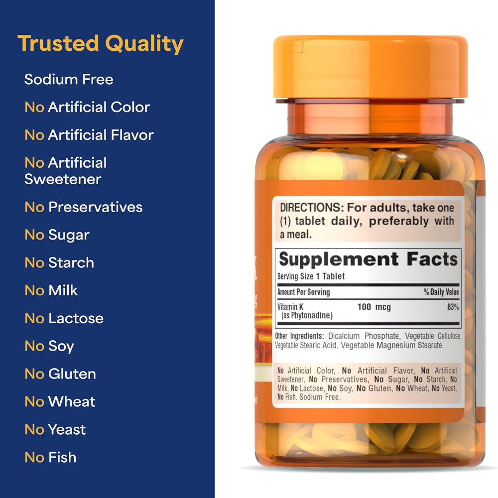 100-Count Vitamin K Tablets – 100mcg Dietary Supplement Use – Supports Bone, Joint & Blood Clotting Health – 100-Day Supply