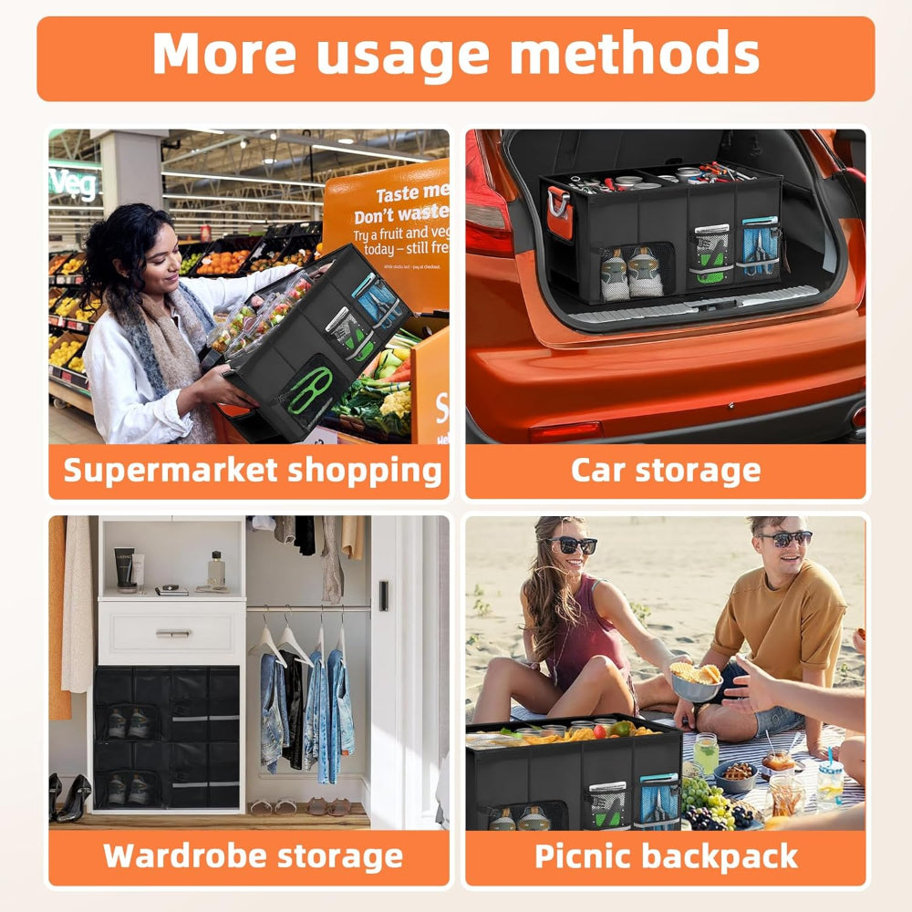 Car Trunk Organizer – Collapsible Storage with Multiple Compartments, Aluminum Alloy Handle & Lid for SUV & Truck