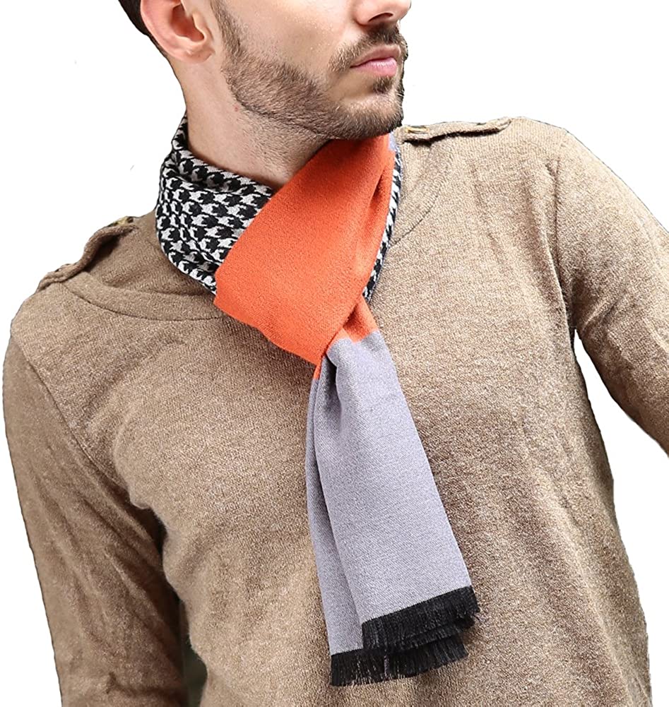HH HOFNEN Men's Winter Classic Plaid Scarf - Cashmere Feel Tassel Edge Soft Warm Scarf
