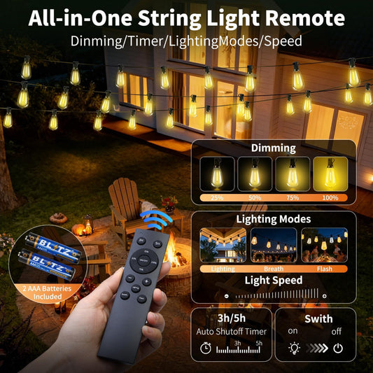 50FT Solar String Lights – Outdoor Waterproof Patio Lights with Remote Dimmable USB Recharge