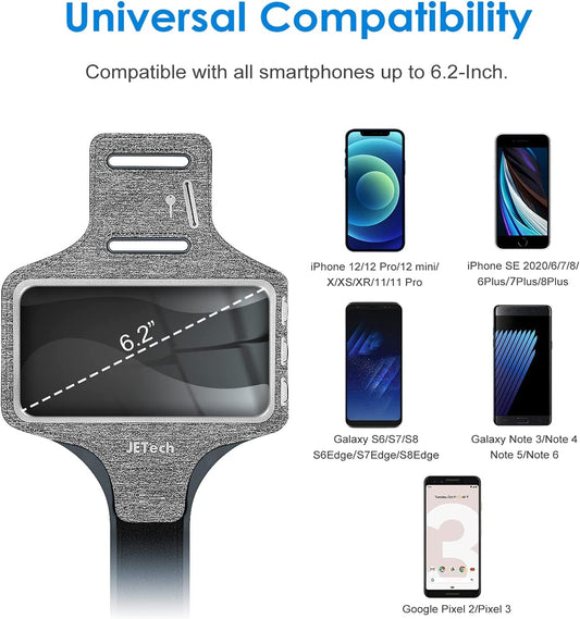 Cell Phone Armband Holder for Phone Upto 6.2 inch, for iphone 14/14 Pro/13/13 Pro, Water Resistant Phone Case with Key Holder and Card Slot, for Running, Walking, Hiking, Adjustable Band (Grey)