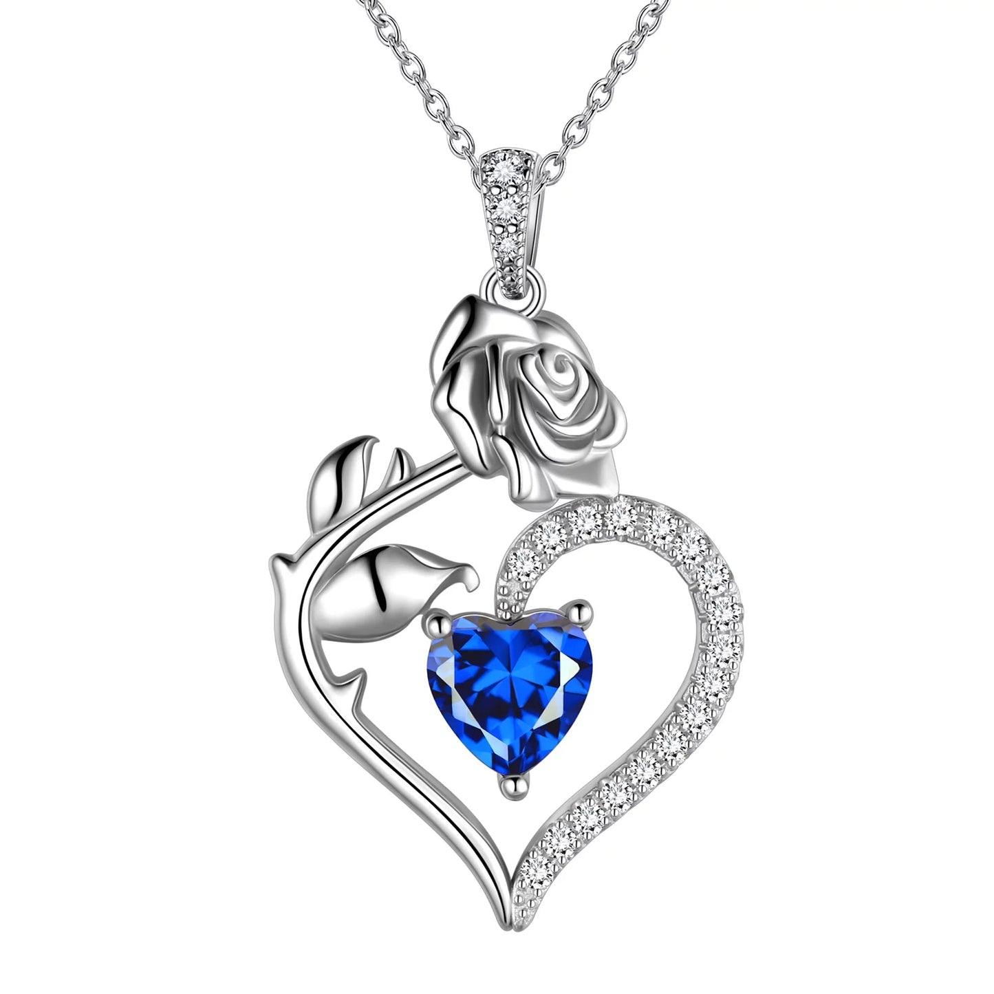 925 Sterling Silver Birthstone Necklace - Rose Flower Heart Pendant with Chain