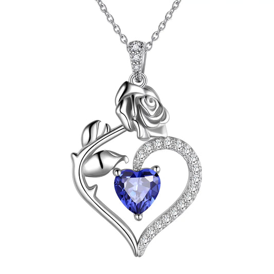 925 Sterling Silver Birthstone Necklace - Rose Flower Heart Pendant with Chain