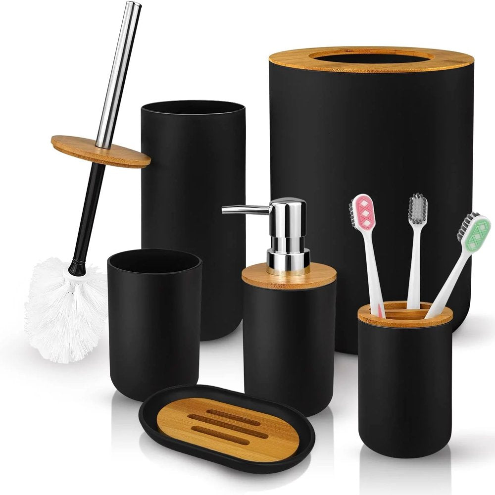 6 Pieces Bath Set- Soap Dish Toothbrush Holder Rinse Cup Lotion Bottle Trash Can Toilet Brush - Practical Toilet Kit for Home Washing Room,Black
