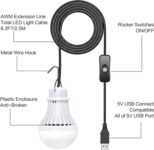 USB LED Light Bulb Camping Latern Outdoor Light with Simple Switch, Portable LED Bulb 5V 5W for Garage Warehouse Car Truck Fishing Boat Outdoor Emergency Light White Lamp 2.5m/8.2ft…