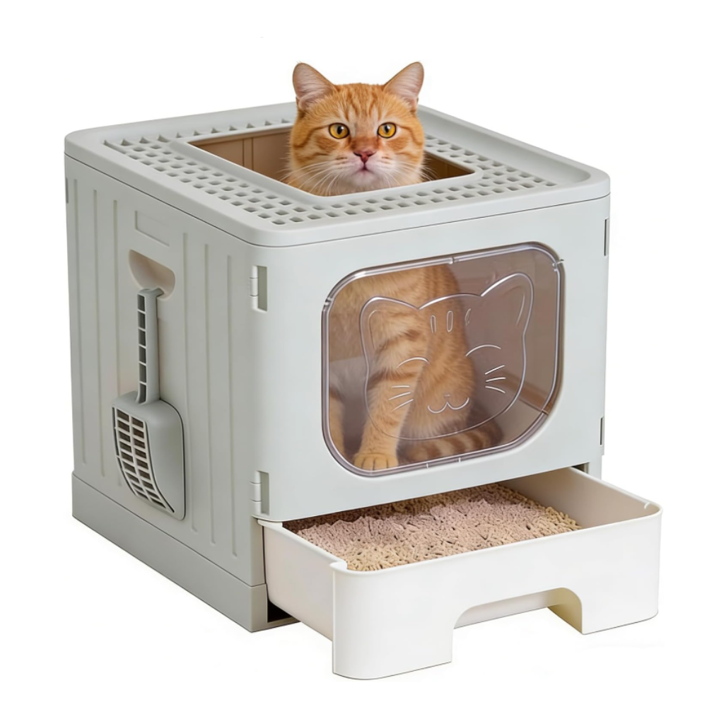 Large Enclosed Cat Litter Box With Drawer, Lid, Mat, and Scoop – Easy Clean Design