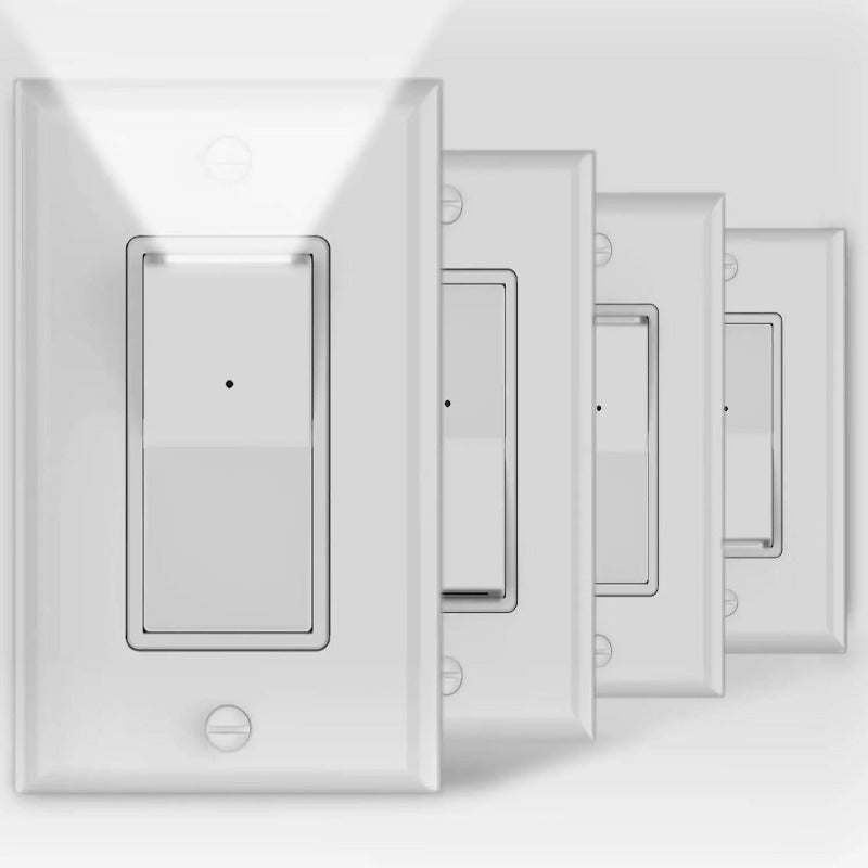 4 Pack Illuminated Light Switches, Automatic On/Off Sensor, Single Pole, 15Amp 120/277Volt, White